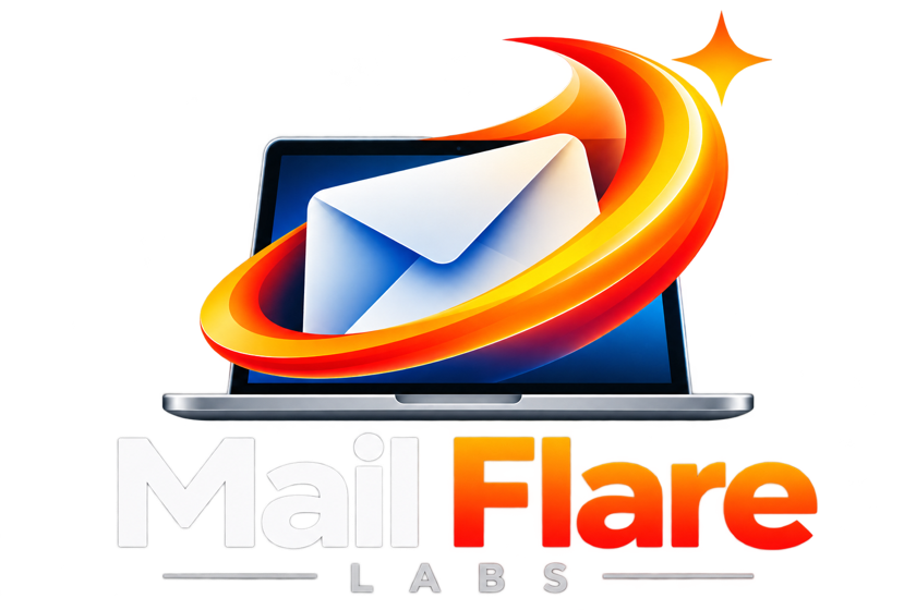 The MailFlare Labs logo: an envelope on a laptop screen, circled by an orange flare, above the words Mail Flare Labs, with white lettering, on a dark background.