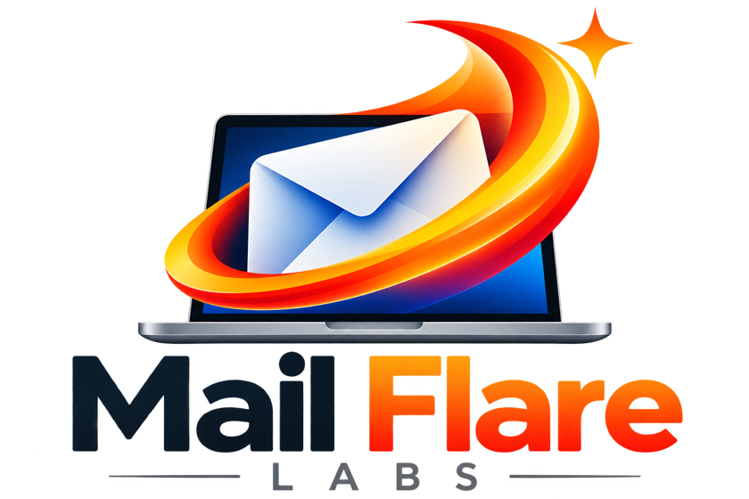 The MailFlare Labs logo: an envelope on a laptop screen, circled by an orange flare, above the words Mail Flare Labs, with dark lettering.
